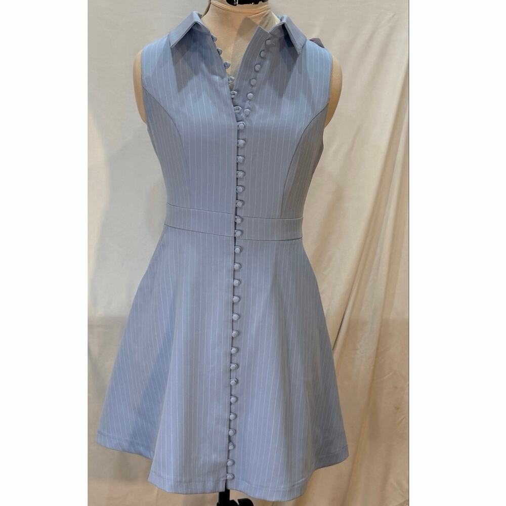 Lulus Blue Pinstripe Fit & Flare Mini Dress Small Button Front Collar Sleeveless
